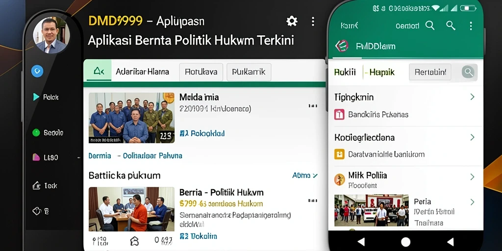 Antarmuka aplikasi DMD999 menampilkan berita politik hukum terkini.
